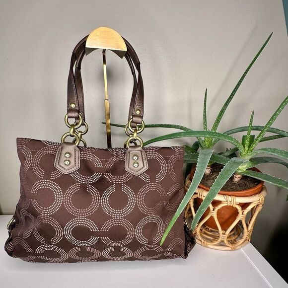 COACH Ashley H1282-F20056 Bronze Brown Dotted Op Art Gathered Satchel Tote Bag - Picture 2 of 13